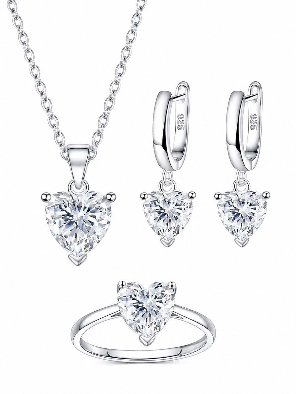 925 STERLING SILVER JEWELRY SETS FOR HEART ZIRCONIA RING EARRINGS NECKLACE